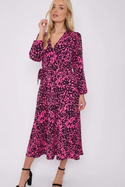 Fuchsia Leopard Printed V Neck Midi Dress by LOVE SUNSHINE