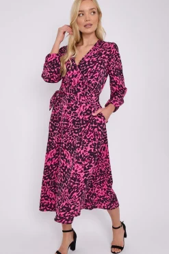 Fuchsia Leopard Printed V Neck Midi Dress by LOVE SUNSHINE
