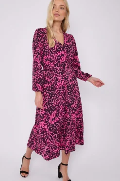 Fuchsia Leopard Printed V Neck Midi Dress by LOVE SUNSHINE
