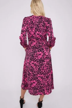 Fuchsia Leopard Printed V Neck Midi Dress by LOVE SUNSHINE