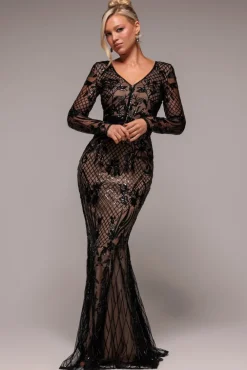 Full Sleeve Sequin Evening Dress - Black by Goddiva