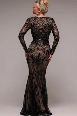 Full Sleeve Sequin Evening Dress - Black by Goddiva