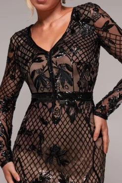 Full Sleeve Sequin Evening Dress - Black by Goddiva