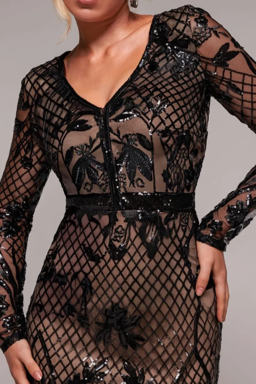 Full Sleeve Sequin Evening Dress - Black by Goddiva