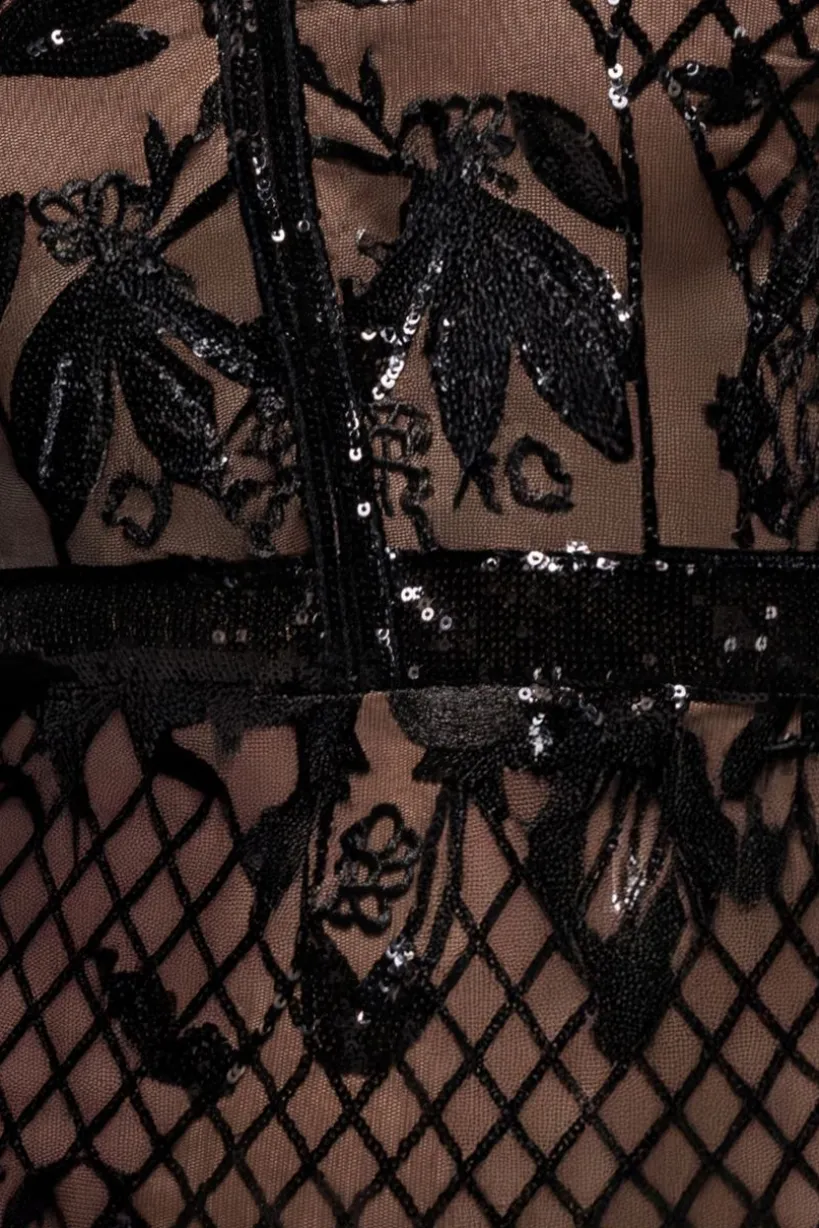 Full Sleeve Sequin Evening Dress - Black by Goddiva