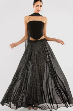Gathered A-Line Glitter Chiffon Maxi Skirt by Goddiva
