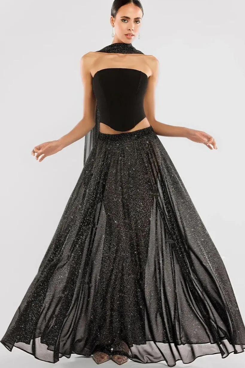 Gathered A-Line Glitter Chiffon Maxi Skirt by Goddiva