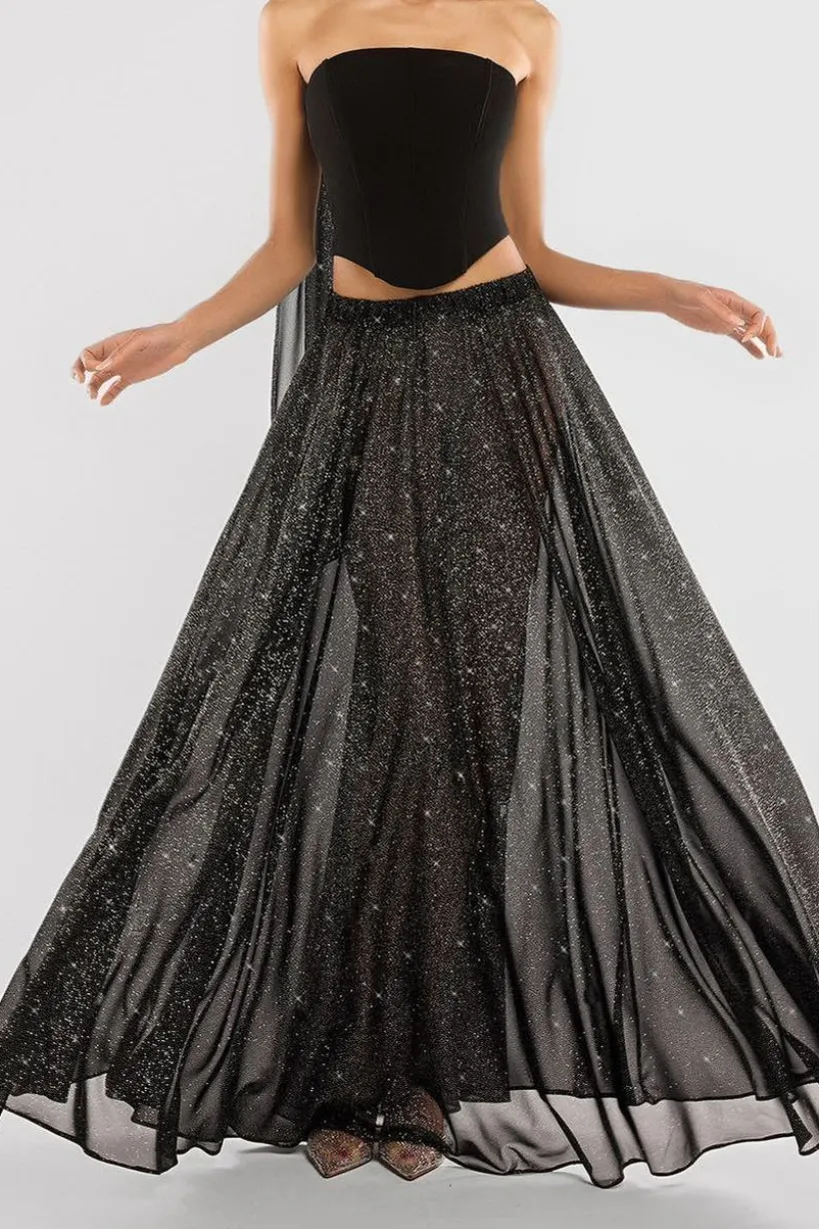 Gathered A-Line Glitter Chiffon Maxi Skirt by Goddiva