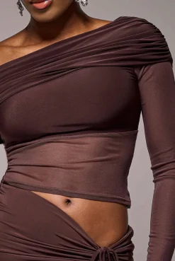 Gathered Bardot Asymmetric Mesh Panel Top - Brown by Goddiva