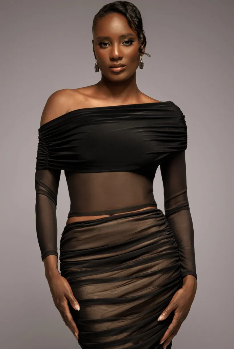 Gathered Bardot Asymmetric Mesh Panel Top - Black by Goddiva