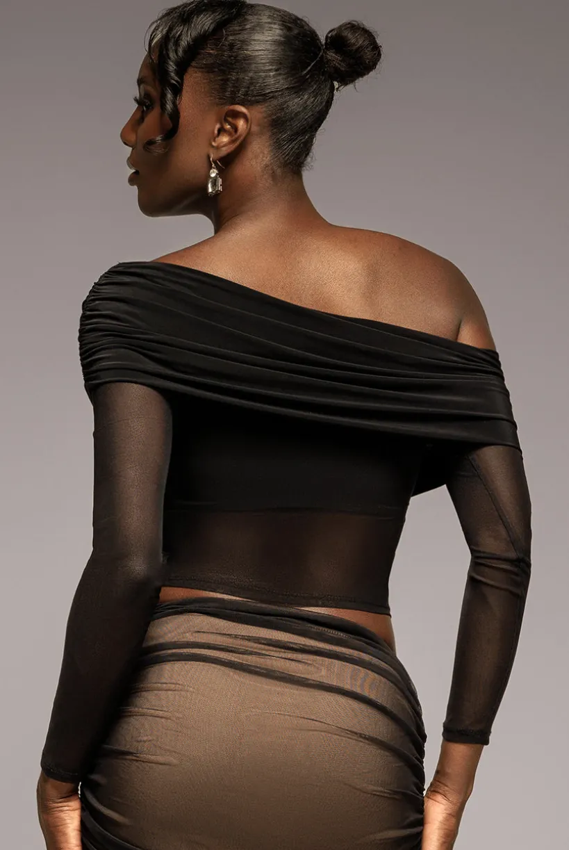 Gathered Bardot Asymmetric Mesh Panel Top - Black by Goddiva