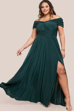 Gathered Bardot Bodice Front Split Maxi Dress - Emerald Green by Goddiva Plus