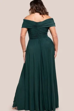 Gathered Bardot Bodice Front Split Maxi Dress - Emerald Green by Goddiva Plus