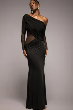 Gathered Cowl Asymmetric Mesh And Soft Touch Maxi Dress - Black by Goddiva