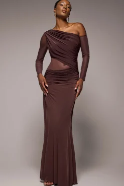 Gathered Cowl Asymmetric Mesh And Soft Touch Maxi Dress - Brown by Goddiva