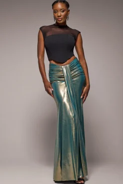 Gathered Front Dipped Waist Foil Maxi Skirt - Gold by Goddiva