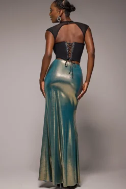 Gathered Front Dipped Waist Foil Maxi Skirt - Gold by Goddiva