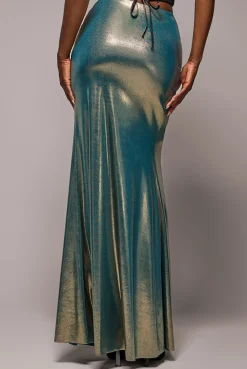 Gathered Front Dipped Waist Foil Maxi Skirt - Gold by Goddiva