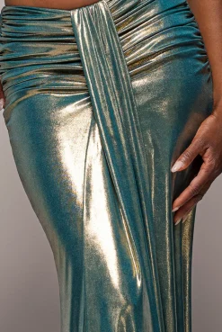 Gathered Front Dipped Waist Foil Maxi Skirt - Gold by Goddiva