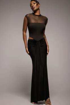 Gathered Front Dipped Waist Maxi Skirt - Black by Goddiva