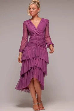 Gathered High & Low Tiered Midaxi Dress - Berry by Goddiva
