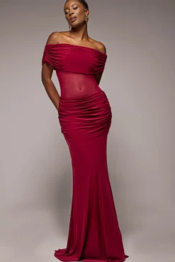 Gathered Off The Shoulder Mesh Waist Panel Maxi Dress - Wine by Goddiva