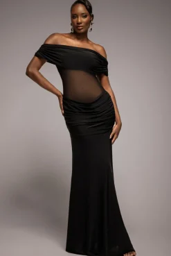 Gathered Off The Shoulder Mesh Waist Panel Maxi Dress - Black by Goddiva