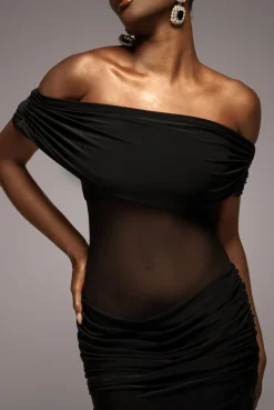 Gathered Off The Shoulder Mesh Waist Panel Maxi Dress - Black by Goddiva