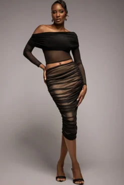 Gathered Side Mesh Midi Skirt - Black by Goddiva