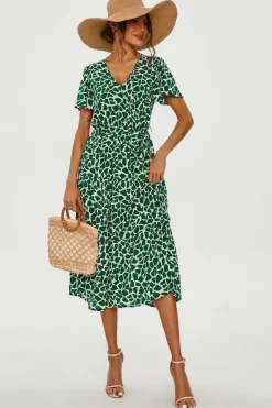 Geo Print Hem Tiered Wrap Midi Dress In Green by FS Collection