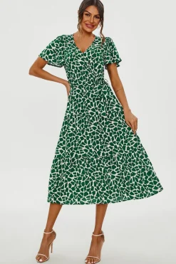 Geo Print Hem Tiered Wrap Midi Dress In Green by FS Collection