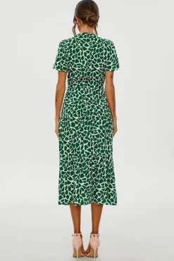 Geo Print Hem Tiered Wrap Midi Dress In Green by FS Collection