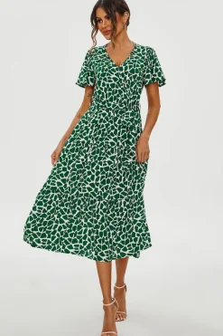 Geo Print Hem Tiered Wrap Midi Dress In Green by FS Collection