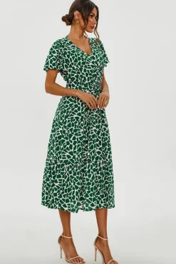 Geo Print Hem Tiered Wrap Midi Dress In Green by FS Collection