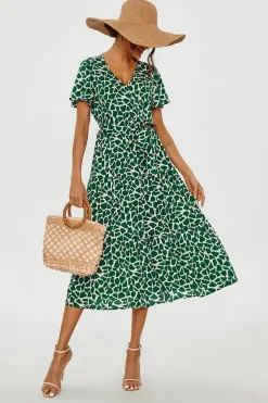 Geo Print Hem Tiered Wrap Midi Dress In Green by FS Collection
