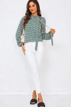 Geo Print Side Tie Blouse Top In Green by FS Collection