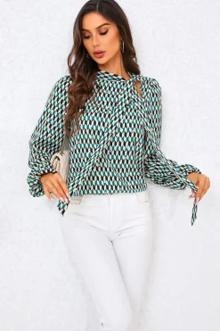 Geo Print Side Tie Blouse Top In Green by FS Collection