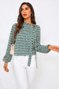 Geo Print Side Tie Blouse Top In Green by FS Collection