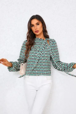 Geo Print Side Tie Blouse Top In Green by FS Collection