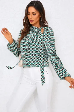 Geo Print Side Tie Blouse Top In Green by FS Collection