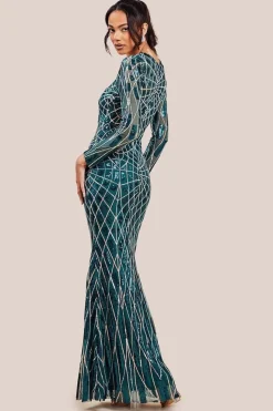 Geo Sequin Long Sleeve Maxi Dress - Emerald by Goddiva