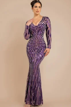 Geo Sequin Long Sleeve Maxi Dress - Purple by Goddiva