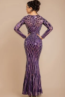 Geo Sequin Long Sleeve Maxi Dress - Purple by Goddiva