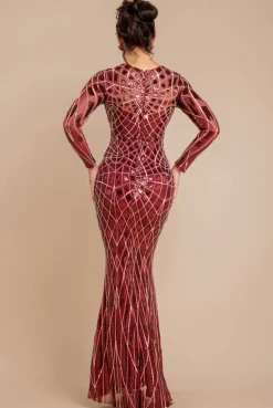 Geo Sequin Long Sleeve Maxi Dress - Wine by Goddiva