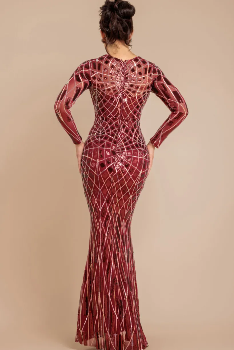 Geo Sequin Long Sleeve Maxi Dress - Wine by Goddiva