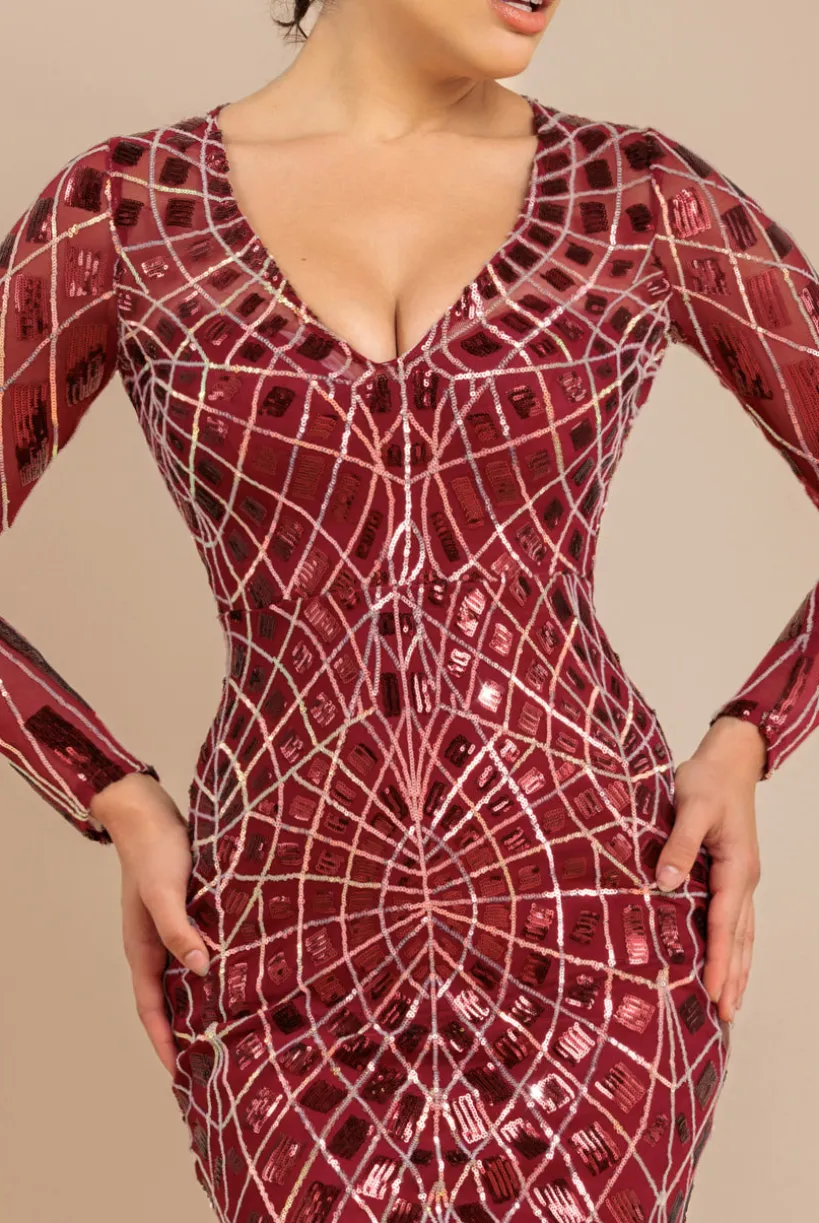 Geo Sequin Long Sleeve Maxi Dress - Wine by Goddiva