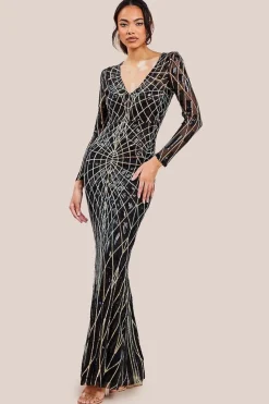 Geo Sequin Long Sleeve Maxi Dress - Black by Goddiva