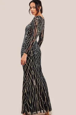 Geo Sequin Long Sleeve Maxi Dress - Black by Goddiva