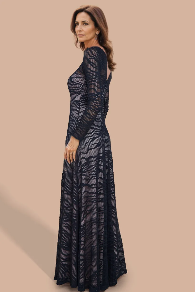 Geo Wave Flare Skirt Long Sleeve Maxi Dress - Black by Goddiva