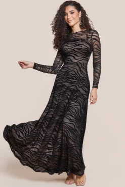 Geo Wave Flare Skirt Long Sleeve Maxi Dress - Black by Goddiva